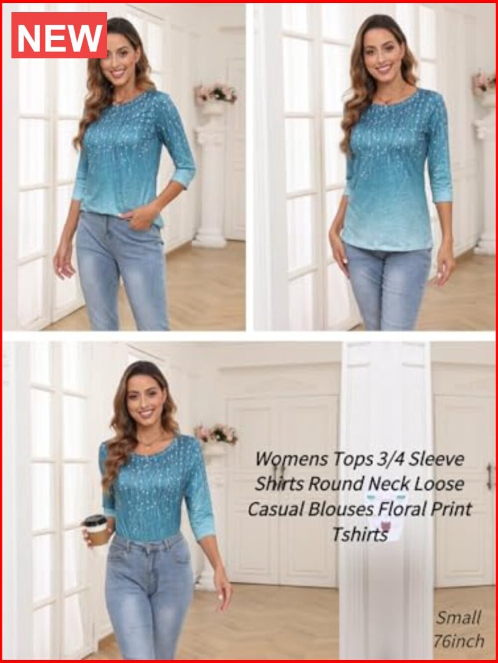 Women's 3/4 Sleeve Tunic Crew Neck Tee Blouses Business Casual Tops - Picture 5 of 6